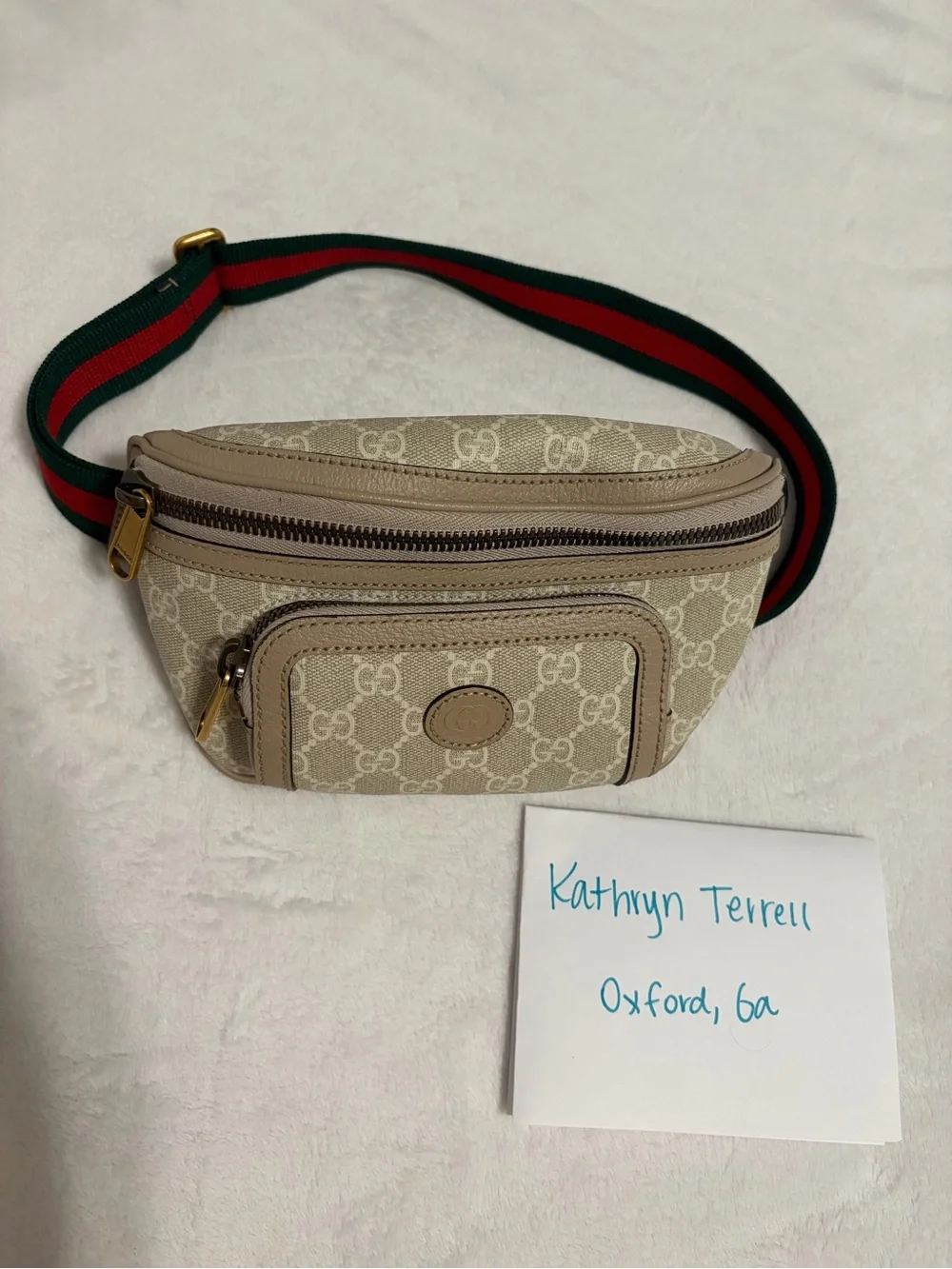 Gucci Tan GG Supreme Canvas Belt Bag with Red and Green Web Strap